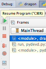 The Resume Program button in PyCharm's debugger console